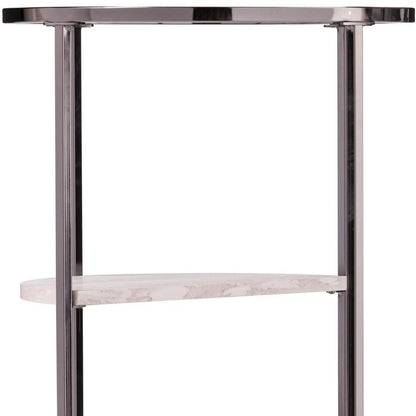 24" Black Metal Glass And Faux Marble Round End Table With Two Shelves
