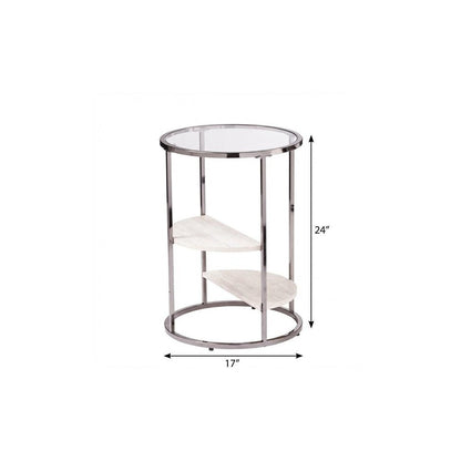 24" Black Metal Glass And Faux Marble Round End Table With Two Shelves