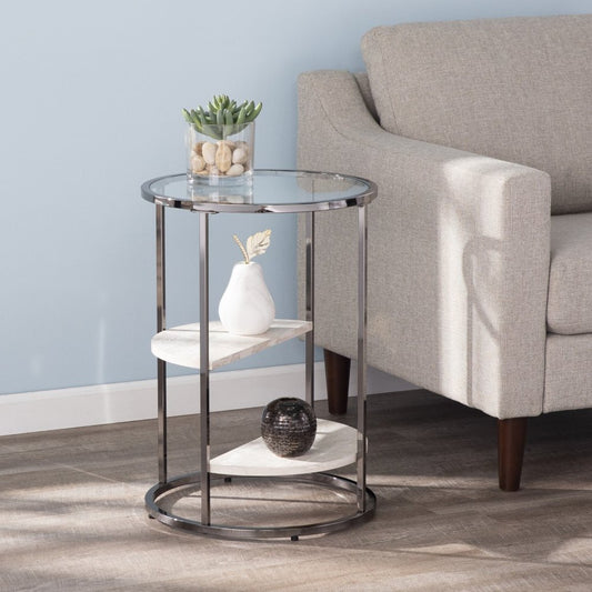 24" Black Glass And Iron Round Sled End Table With Two Shelves