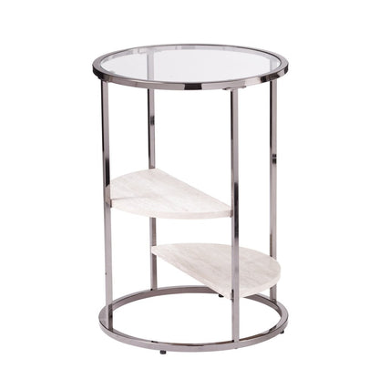 24" Black Glass And Iron Round Sled End Table With Two Shelves