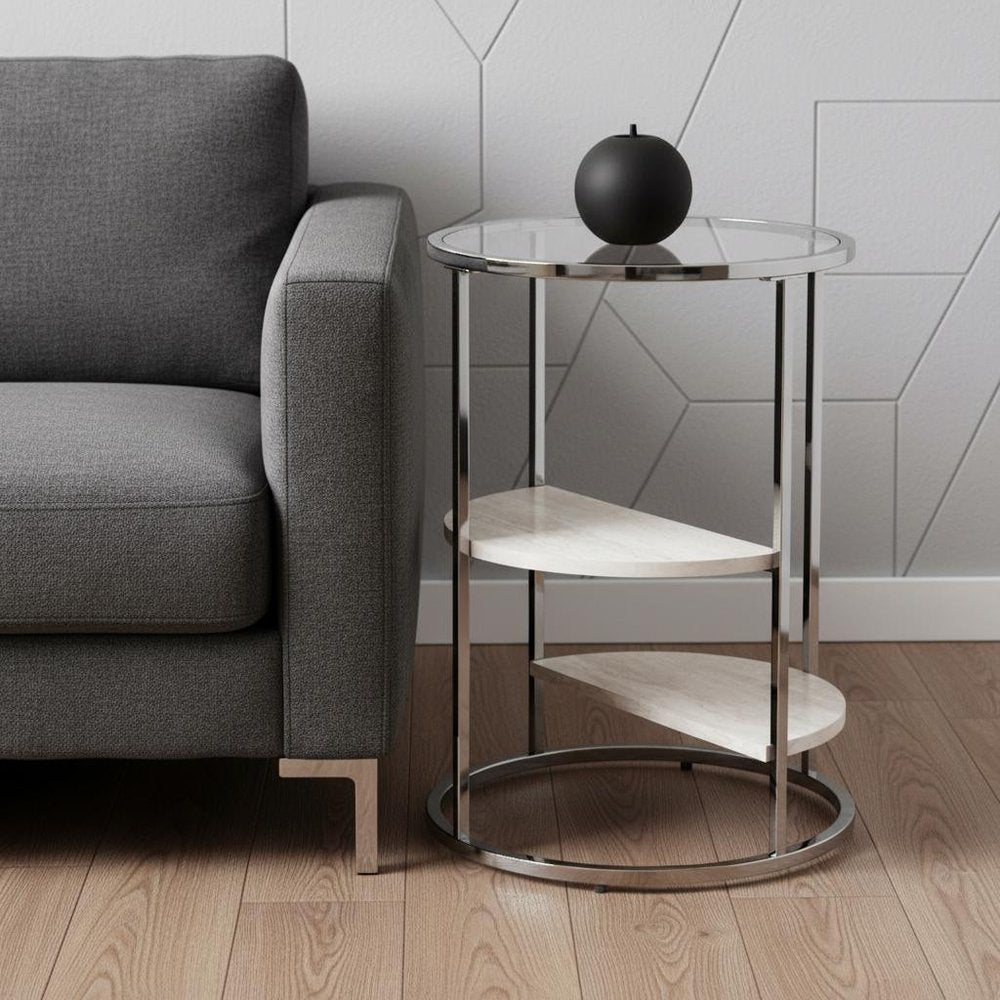 24" Black Glass And Iron Round Sled End Table With Two Shelves