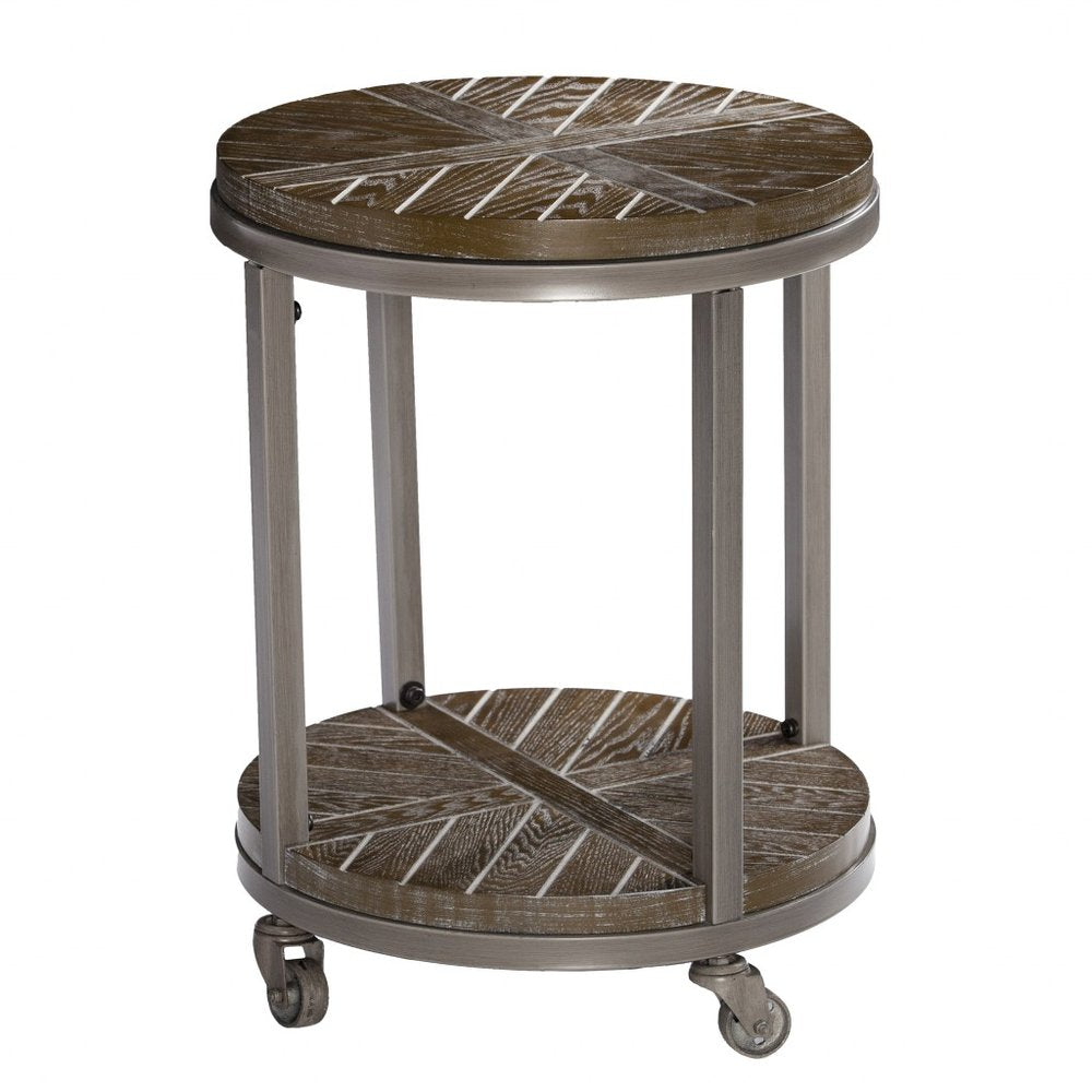 24" round brown end table with shelf, manufactured wood top and shelf on a gray iron frame with caster wheels.
