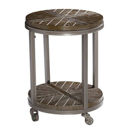 24" round brown end table with shelf, manufactured wood top and shelf on a gray iron frame with caster wheels.