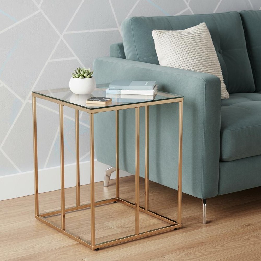24" Champagne Glass And Iron Square End Table