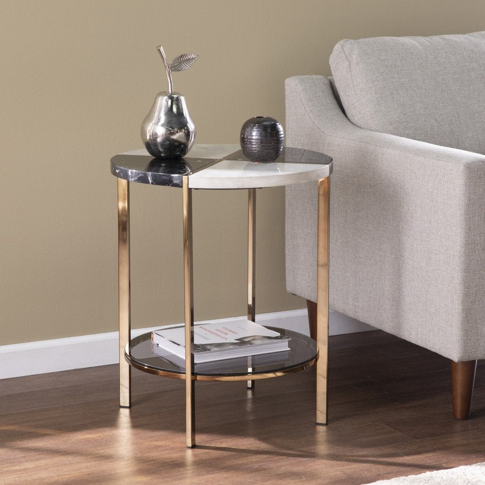 24" Black Wood And Iron Round End Table With Two Shelves