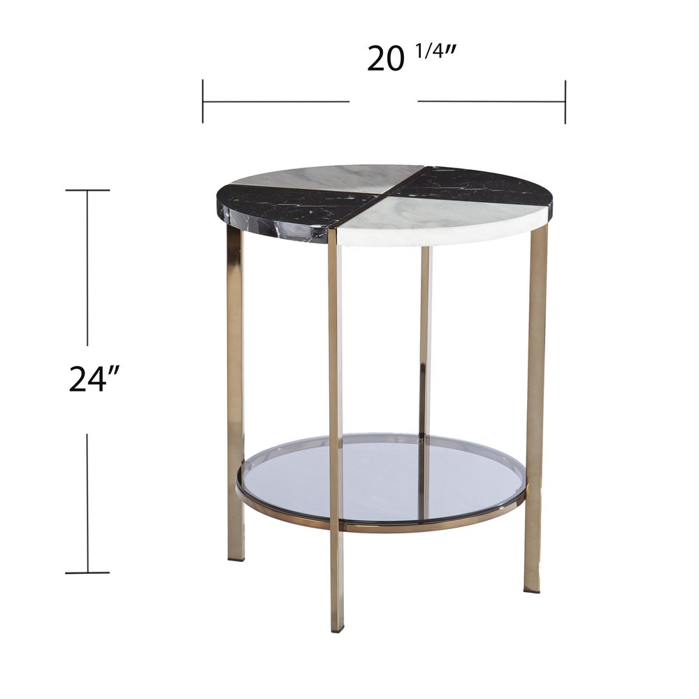 24" Black Wood And Iron Round End Table With Two Shelves