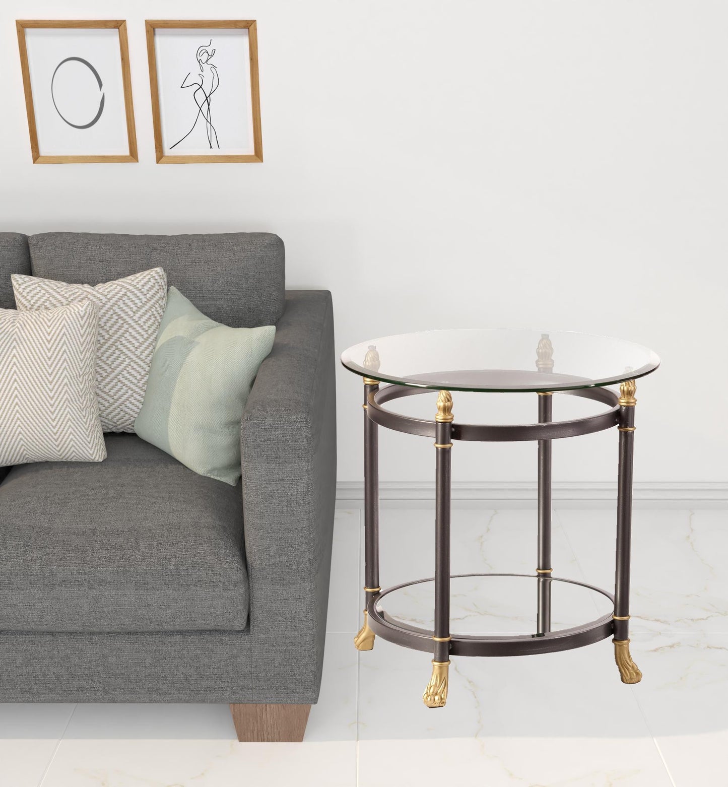 21" Gray Glass Round End Table