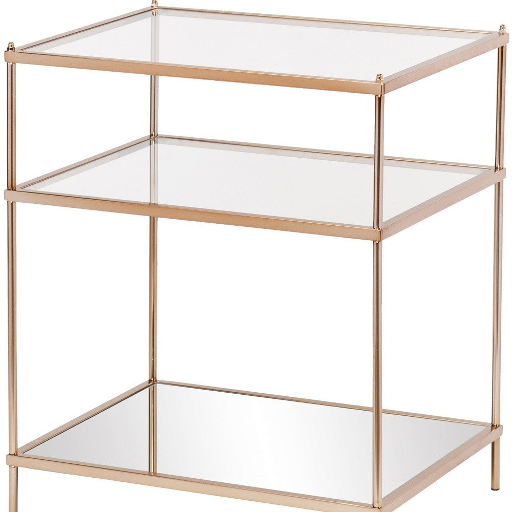 27" Gold And Clear Glass And Iron End Table With Mirrored Shelf