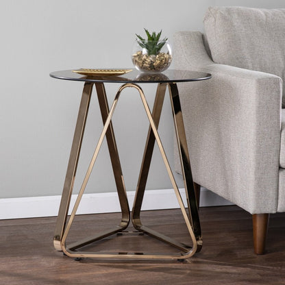 24" Champagne Glass And Iron Round Sled End Table