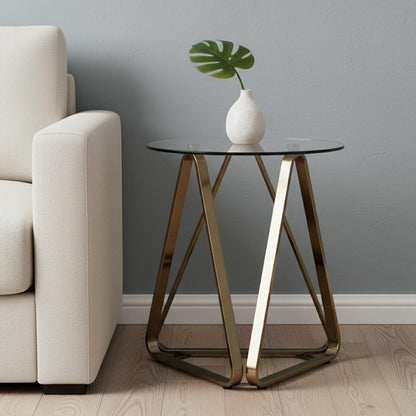 24" Champagne Glass And Iron Round Sled End Table