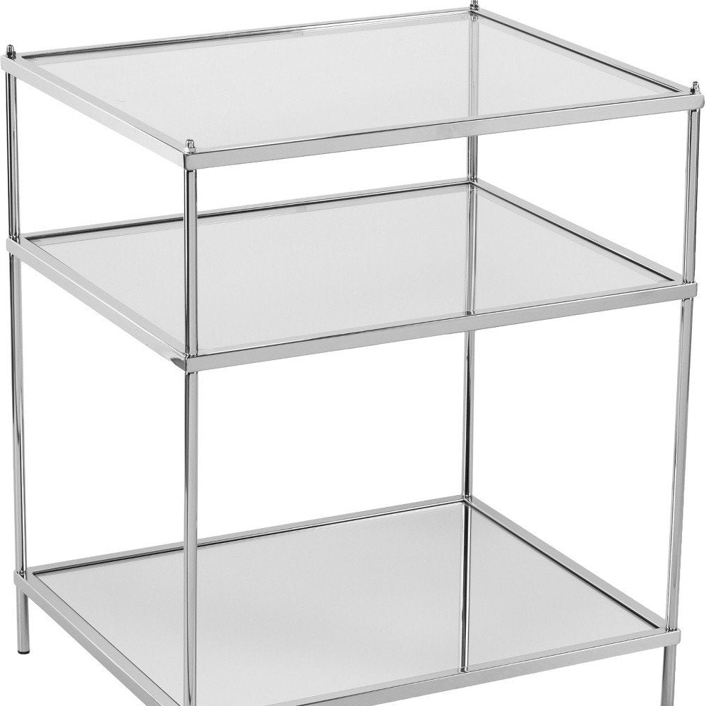 27" Clear And Silver Mirrored Glass And Iron End Table With Two Shelves