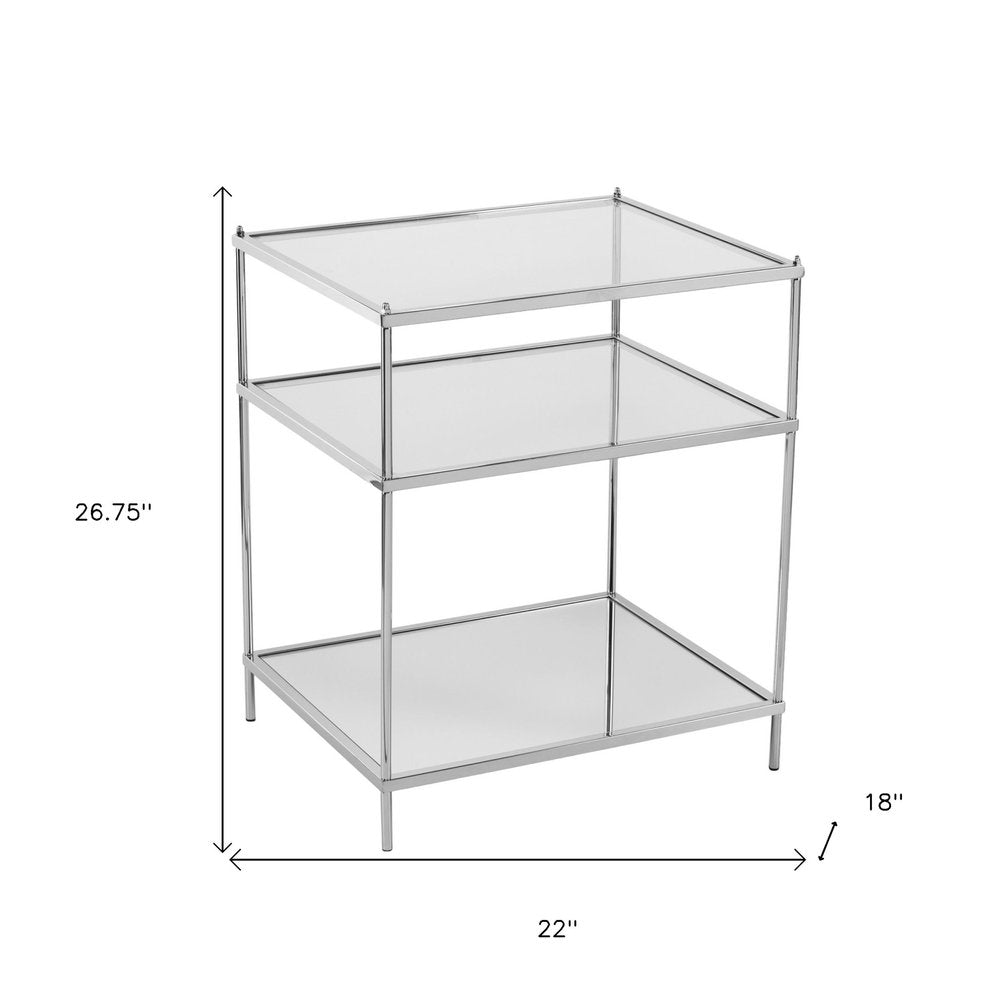 27" Clear And Silver Mirrored Glass And Iron End Table With Two Shelves