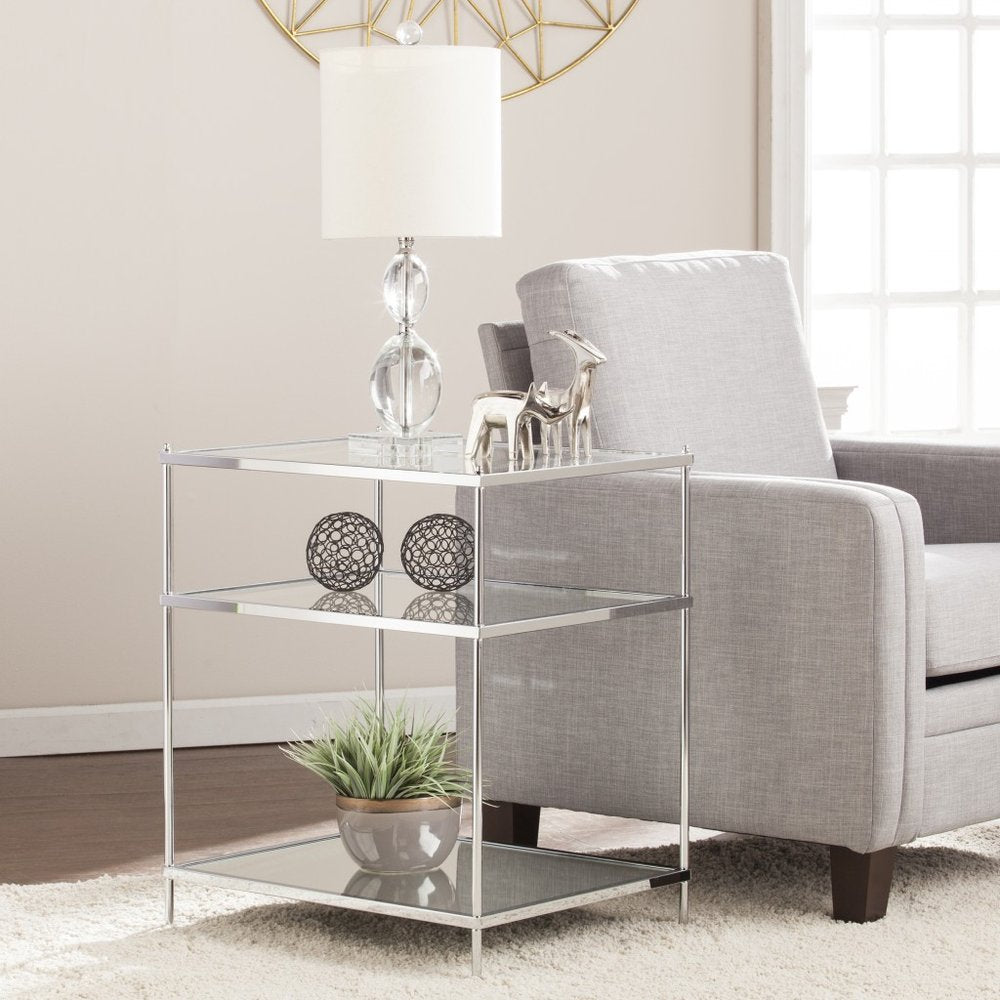 27" Clear And Silver Mirrored Glass And Iron End Table With Two Shelves