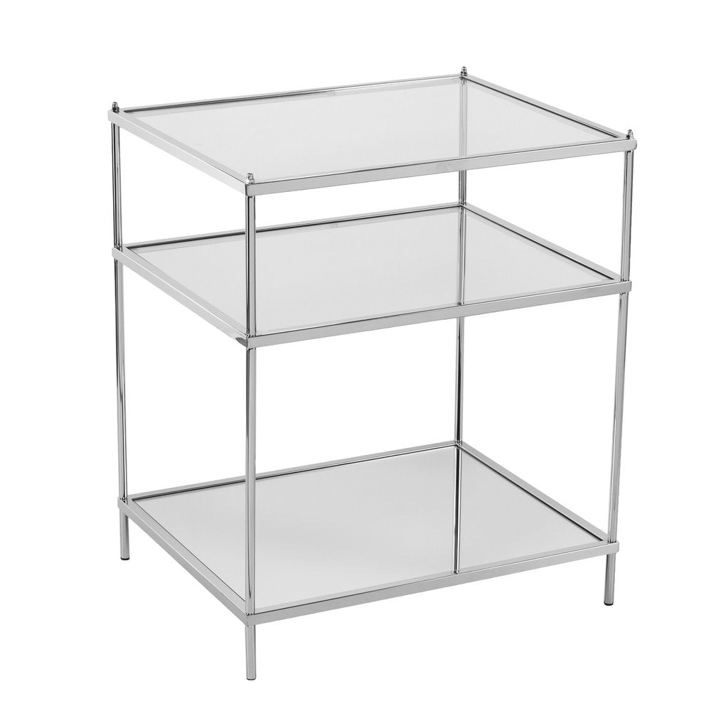 27" Clear And Silver Mirrored Glass And Iron End Table With Two Shelves