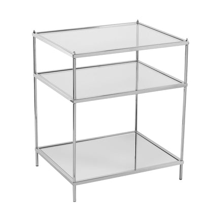 27" Clear And Silver Mirrored Glass And Iron End Table With Two Shelves