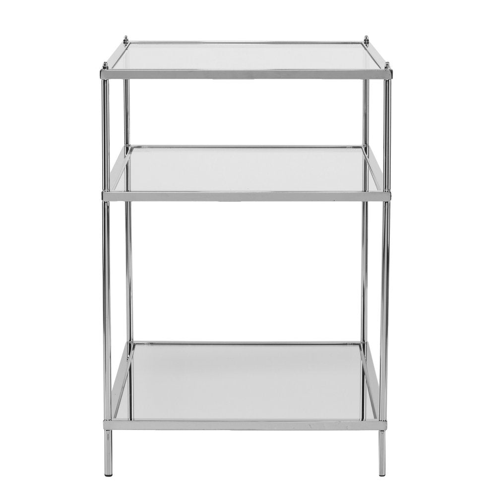 27" Clear And Silver Mirrored Glass And Iron End Table With Two Shelves