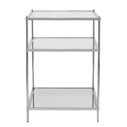 27" Clear And Silver Mirrored Glass And Iron End Table With Two Shelves