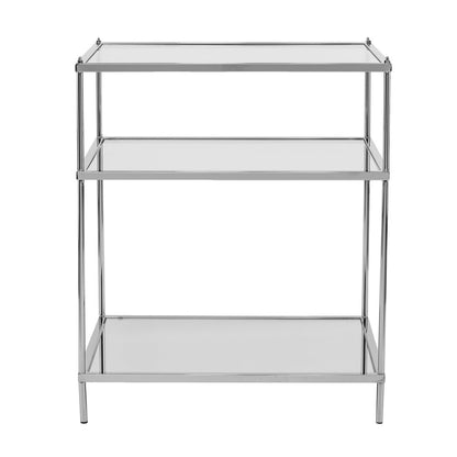 27" Clear And Silver Mirrored Glass And Iron End Table With Two Shelves