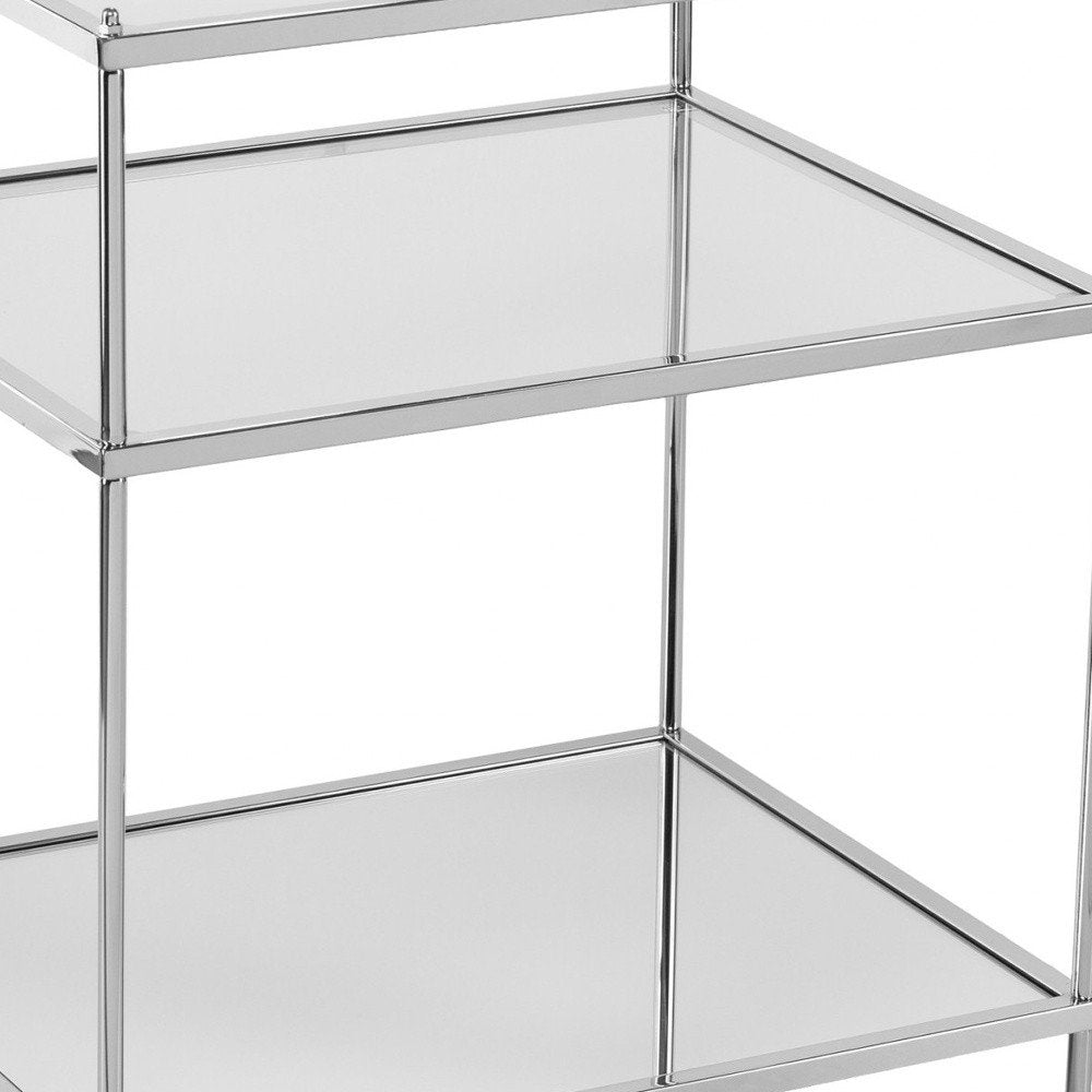 27" Clear And Silver Mirrored Glass And Iron End Table With Two Shelves