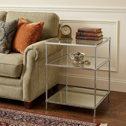 27" Silver Mirrored Glass And Iron End Table With Shelf