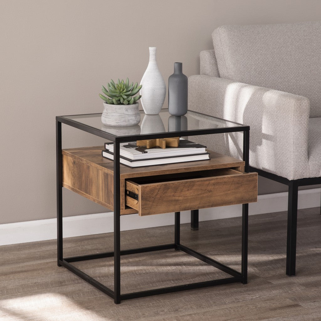 22" Black Glass And Iron Square End Table With Drawer With Shelf