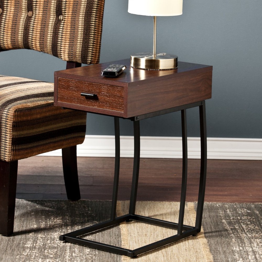 23" Brown Wood And Iron End Table With Drawer And USB Port