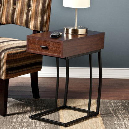 23" Brown Wood And Iron End Table With Drawer And USB Port