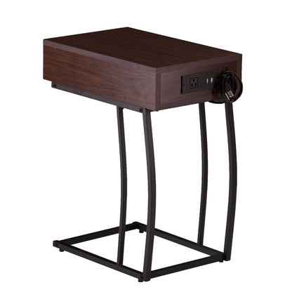 23" Brown Wood And Iron End Table With Drawer And USB Port