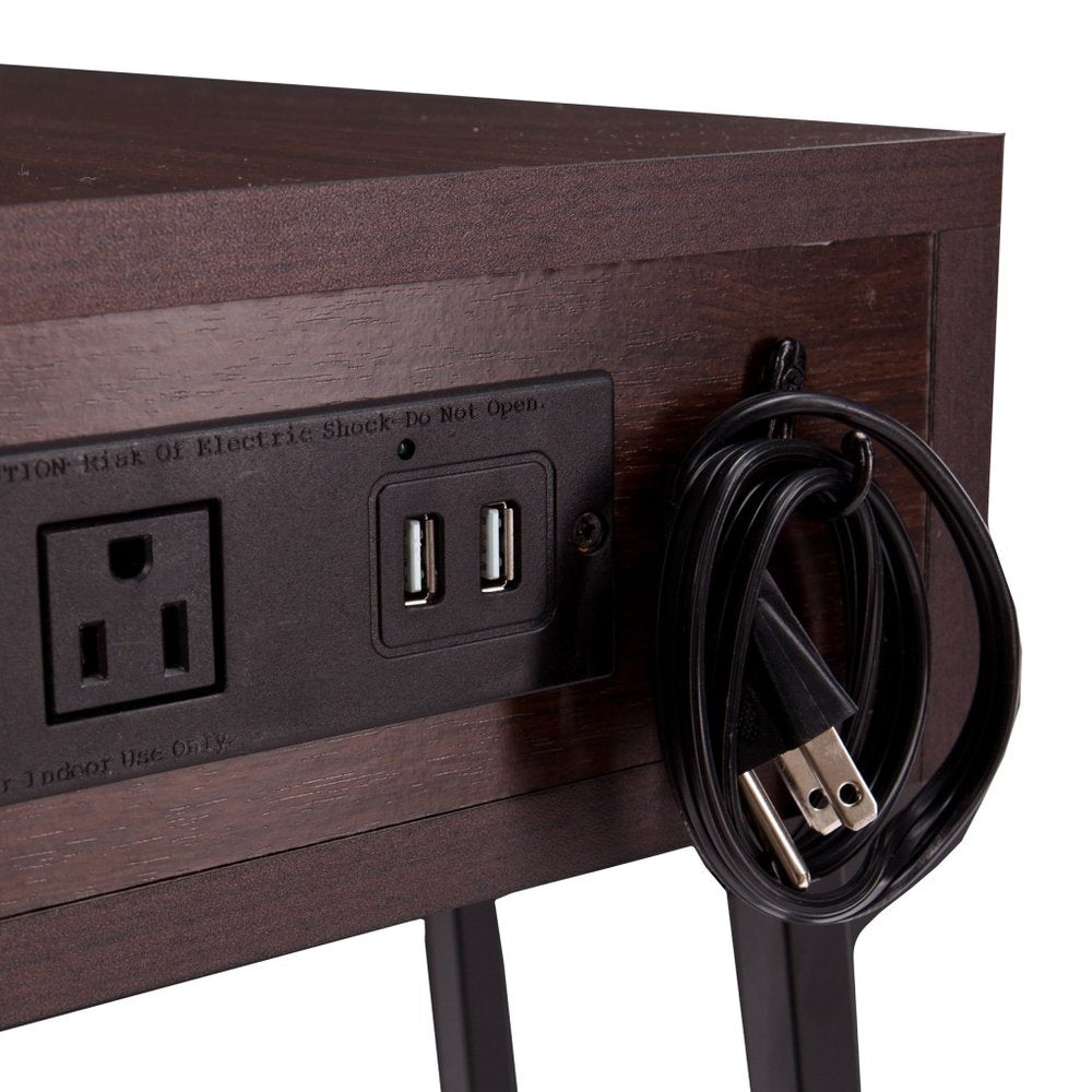 23" Brown Wood And Iron End Table With Drawer And USB Port