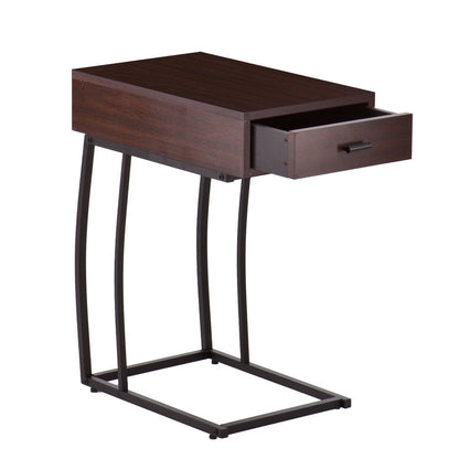 23" Brown Wood And Iron End Table With Drawer And USB Port