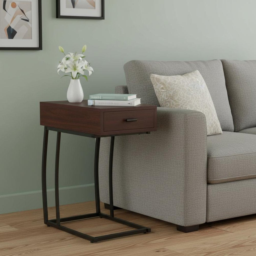 23" Brown Manufactured Wood And Iron Rectangular End Table With Drawer