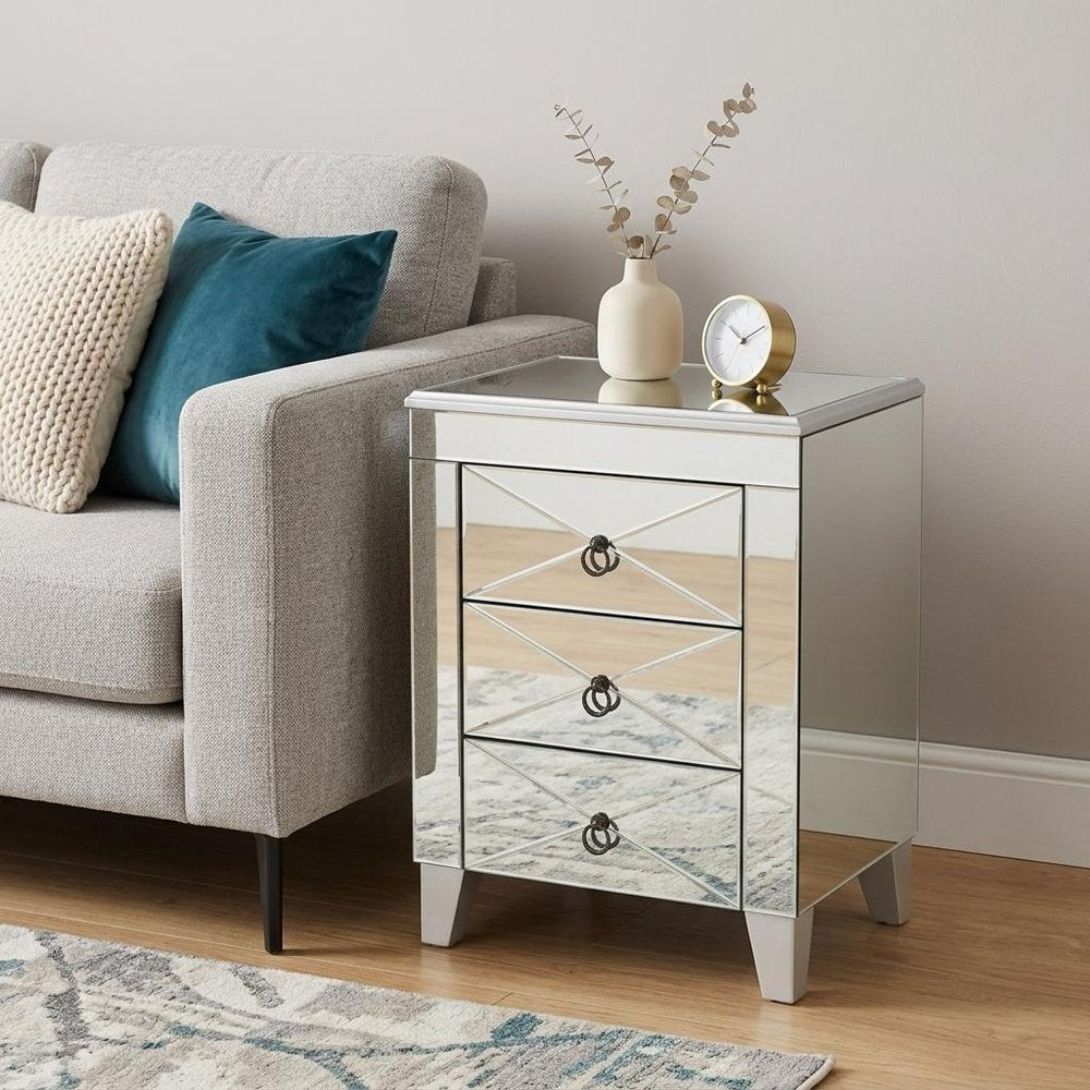 26" Silver Wood And Iron End Table With Three Drawers