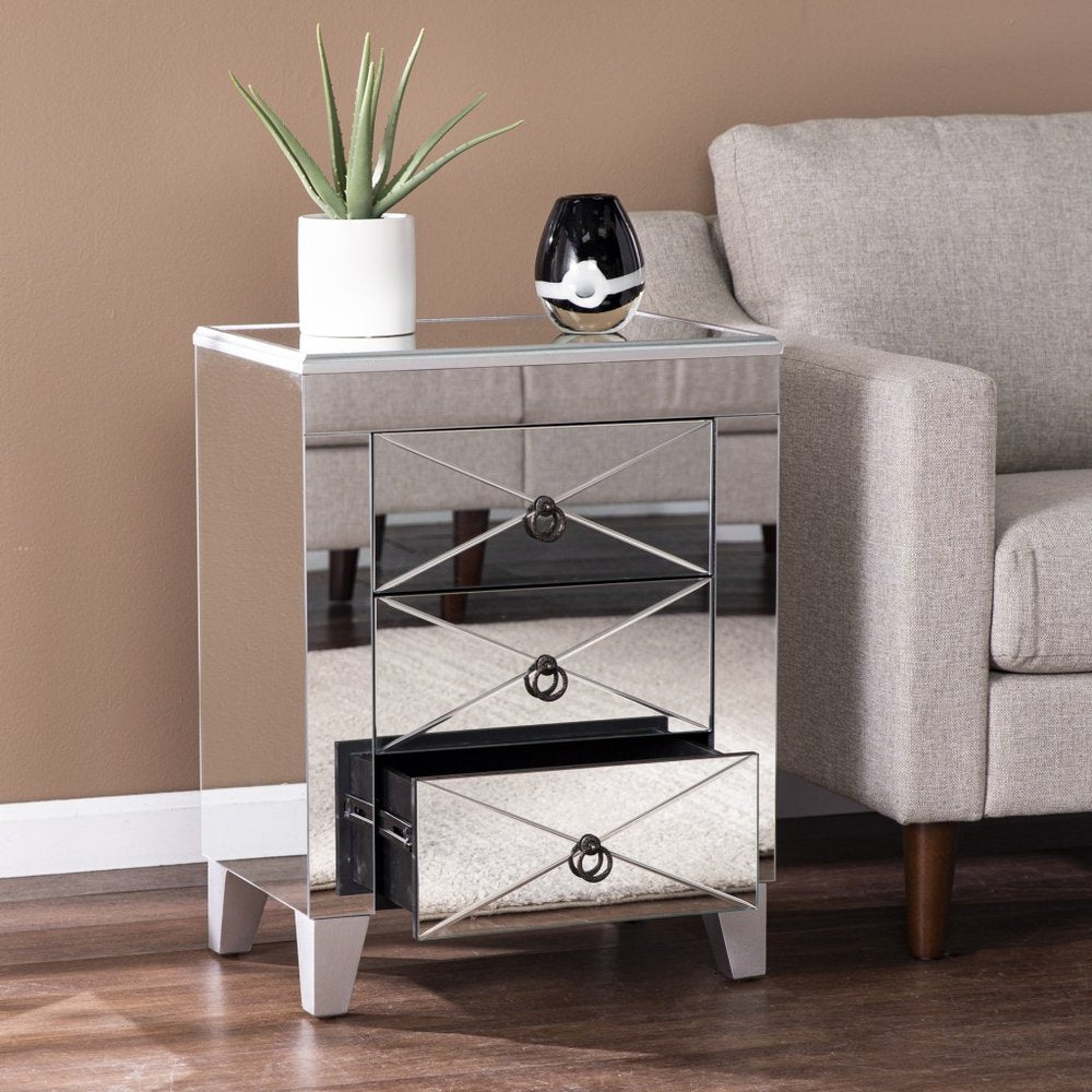 26" Silver Wood And Iron End Table With Three Drawers