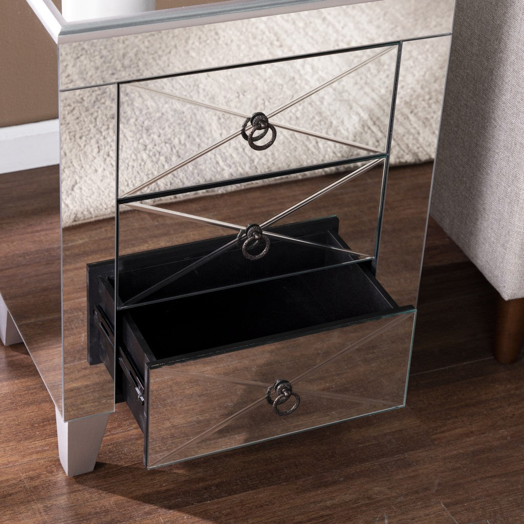 26" Silver End Table With Three Drawers