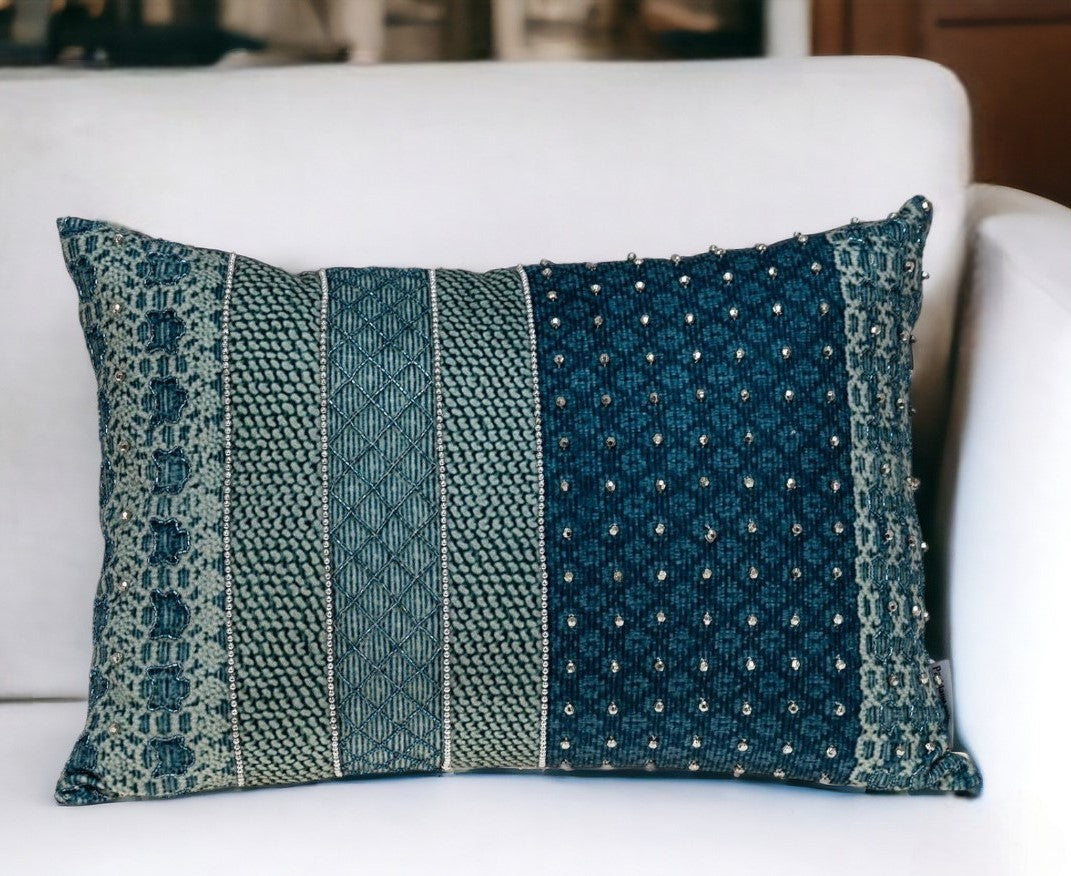 Blue and Aqua Beaded Embroidered Decorative Throw Pillow