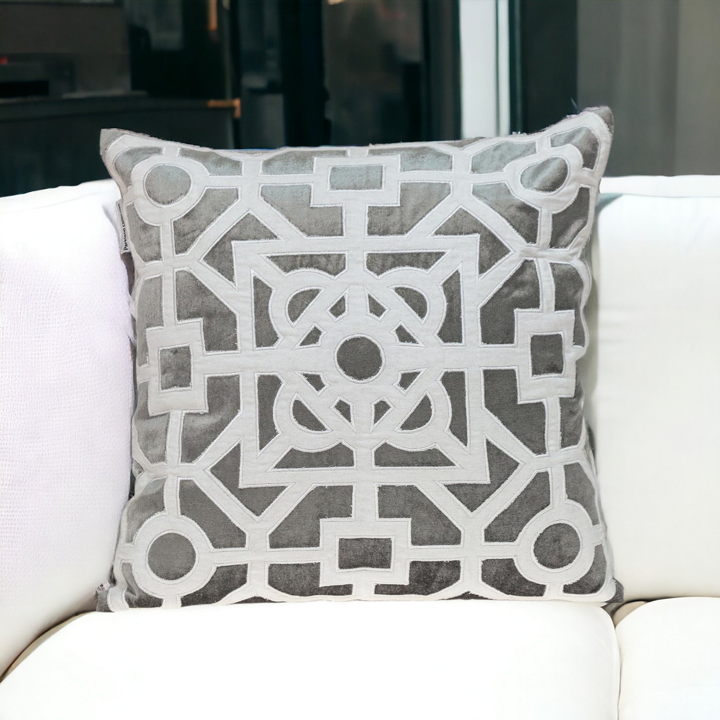 White and Gray Lattice Velvet Throw Pillow