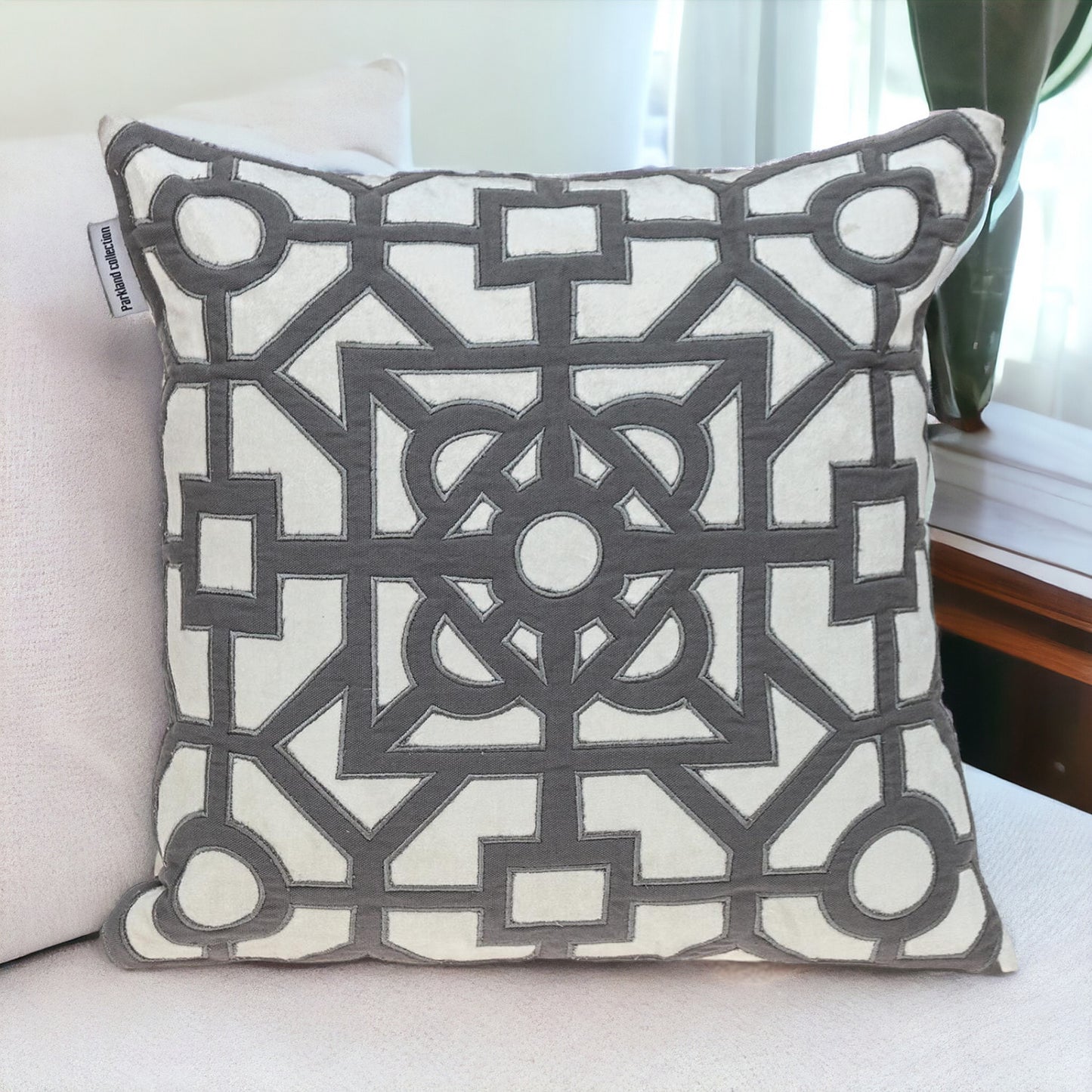 18" Gray and White Velvet Throw Pillow