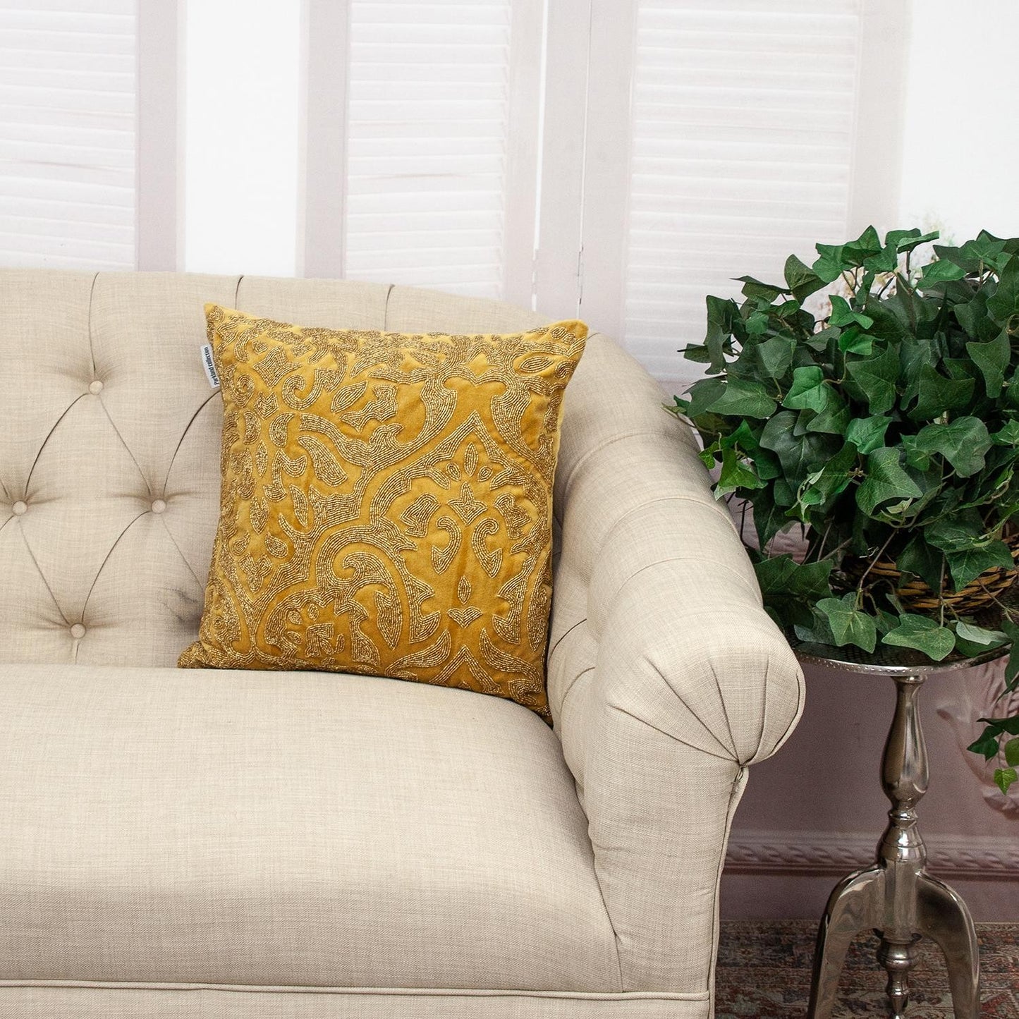 Luxe Velvet Mustard Yellow Beaded Throw Pillow