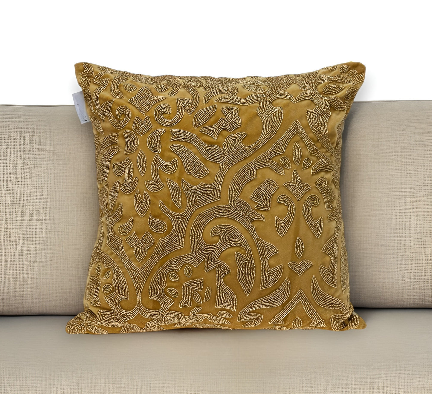 Luxe Velvet Mustard Yellow Beaded Throw Pillow