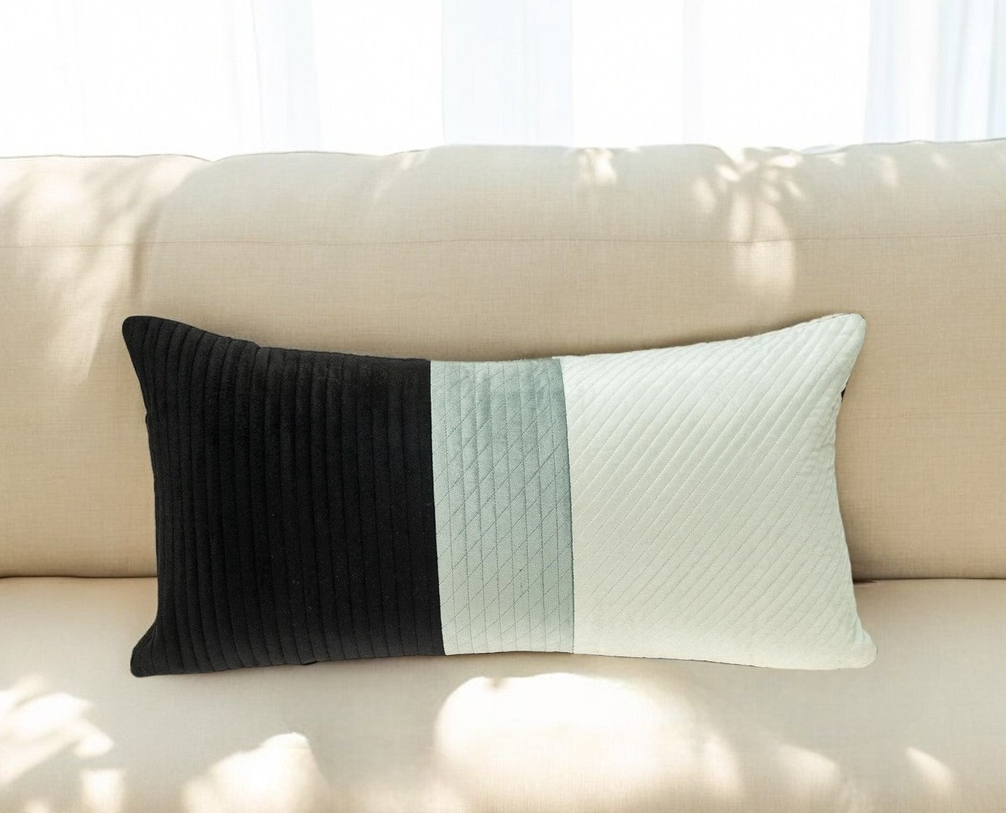 12" X 24" Black and White Striped Velvet Throw Pillow