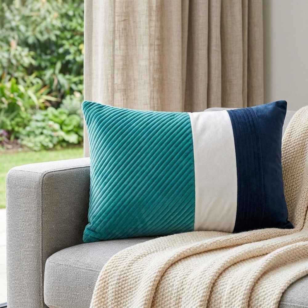 12" X 24" Navy Blue Striped Velvet Throw Pillow