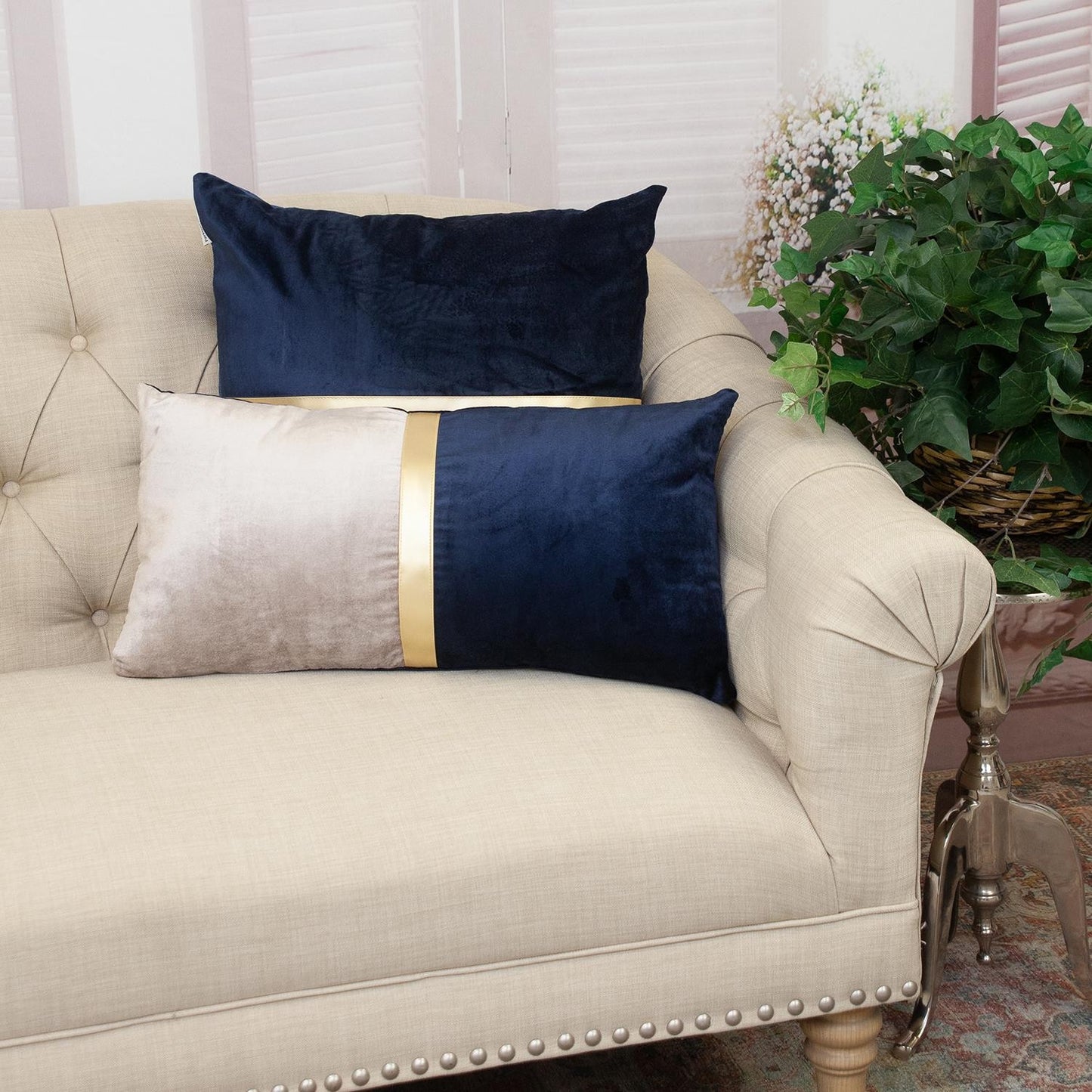 Beige Gold and Blue Tufted Velvet Lumbar Pillow