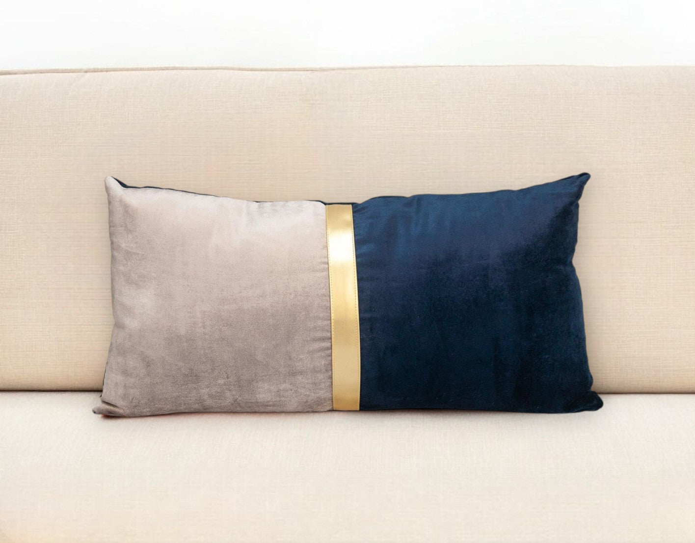 Beige Gold and Blue Tufted Velvet Lumbar Pillow