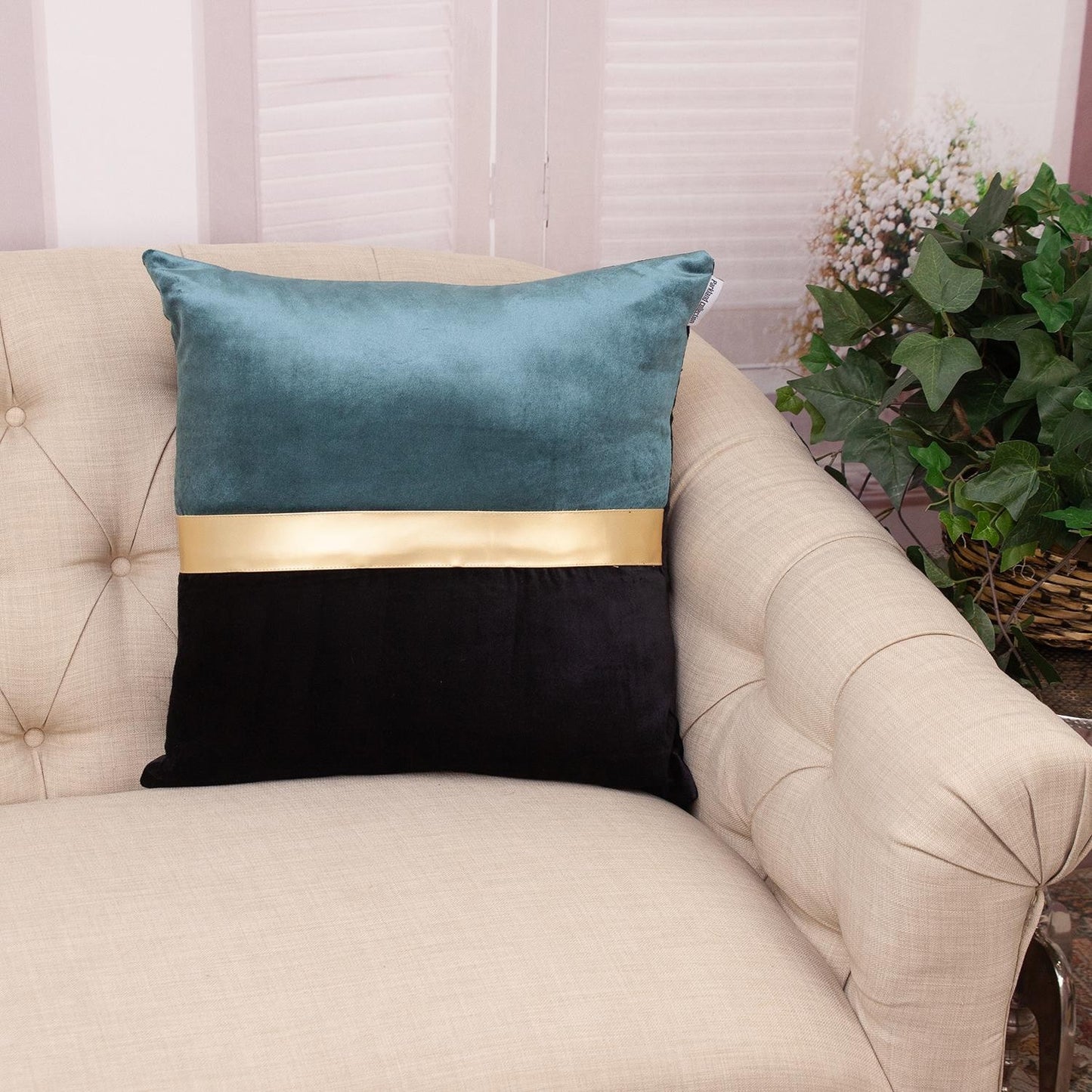 Teal Gold and Black Tufted Velvet Square Pillow