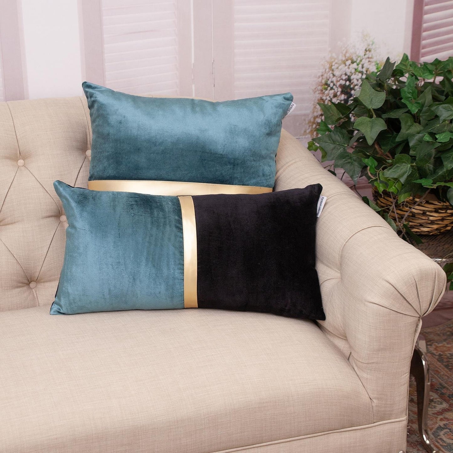 Teal Gold and Black Tufted Velvet Lumbar Pillow