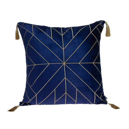 Blue and Gold Geo Velvet Throw Pillow with Gold Tassels