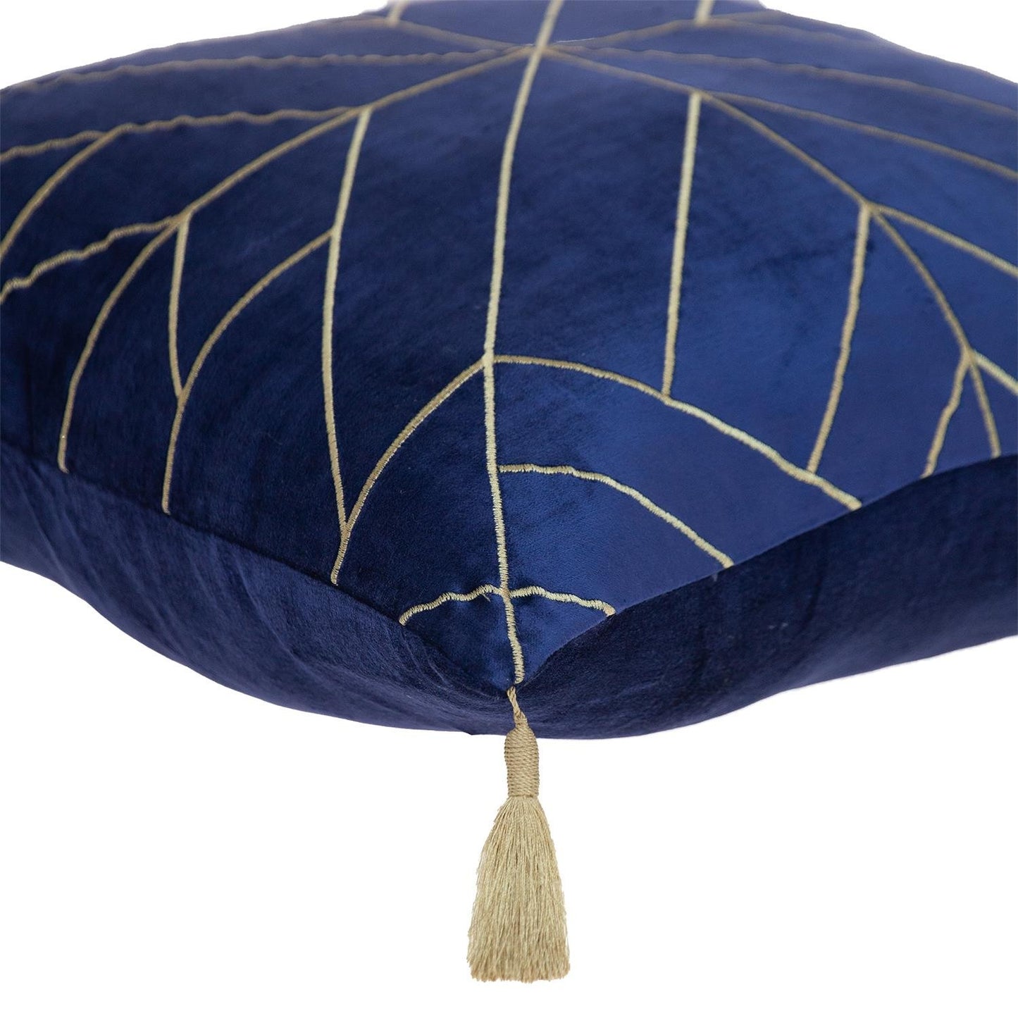 Blue and Gold Geo Velvet Throw Pillow with Gold Tassels