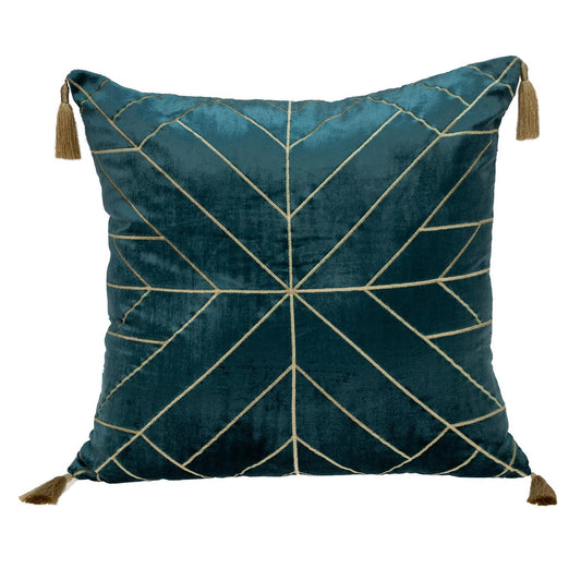 Teal and Gold Geo Velvet Throw Pillow with Gold Tassels