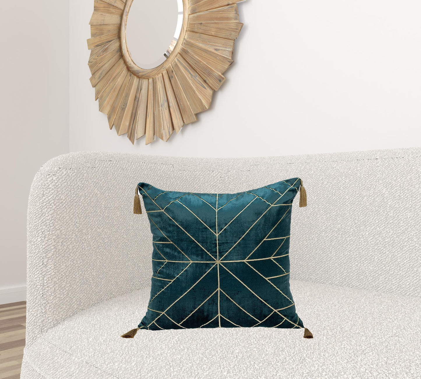 Teal and Gold Geo Velvet Throw Pillow with Gold Tassels