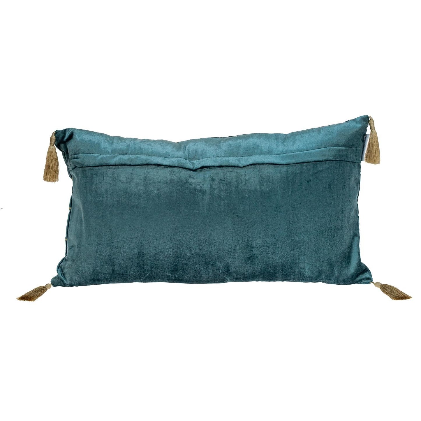Teal and Gold Geo Velvet Lumbar Pillow with Gold Tassels